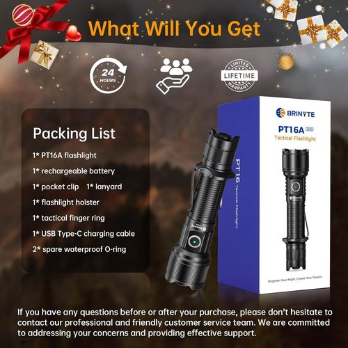 Brinyte PT16A Tactical Flashlight 3000 Lumens Ultra Bright LED USB-C Rechargeable, IP68 Waterproof Dual Switch with 6 Modes for Camping, Emergency, EDC, Home, Outdoor