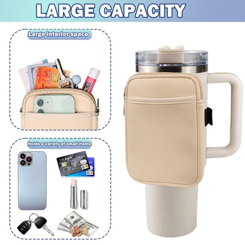 HEYSKAY Water Bottle Pouch Compatible with Stanley Quencher 40oz & IceFlow Tumblers 20oz 30oz, Gym Tumbler Cup Accessories for Smartphone, Cards, Keys, Earphones, Cash