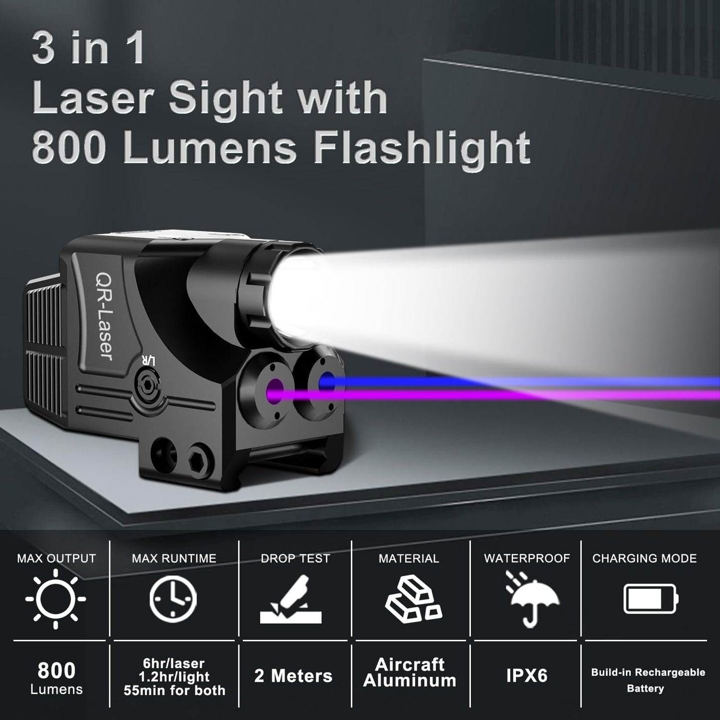 3 in 1 Purple Blue Laser Light Combo, 800 Lumens Tactical Flashlight Laser Sight, Built-in USB Rechargeable Battery, Adjustable Compact Tactical LED Light Laser Beams for Handguns with a Rail