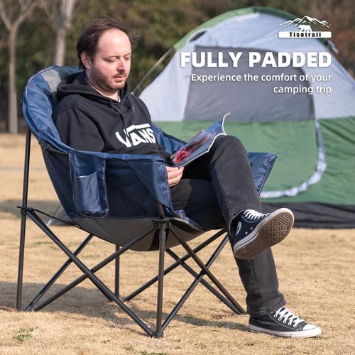 Tisetrail Oversized Camping Chair Padded Moon Round Saucer Chair with Cup Holder and Carry Bag Folding Comfy Sofa Chair for Lawn Patio Sports, Supports 500lbs, Blue & Gray