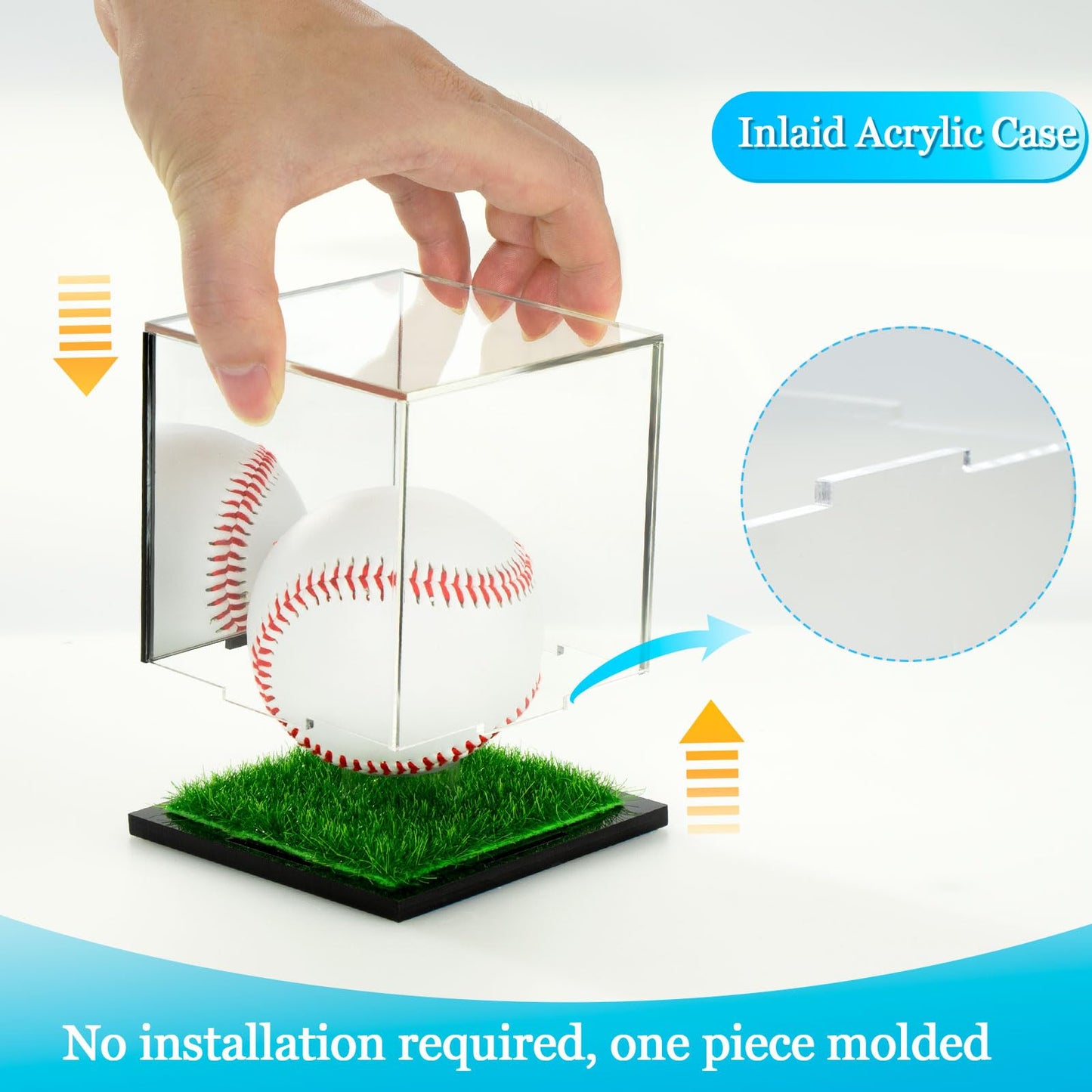 Acrylic Baseball Display Case, UV Protected Clear Display Box with Mirror and Turf Stand-Black(1PC)