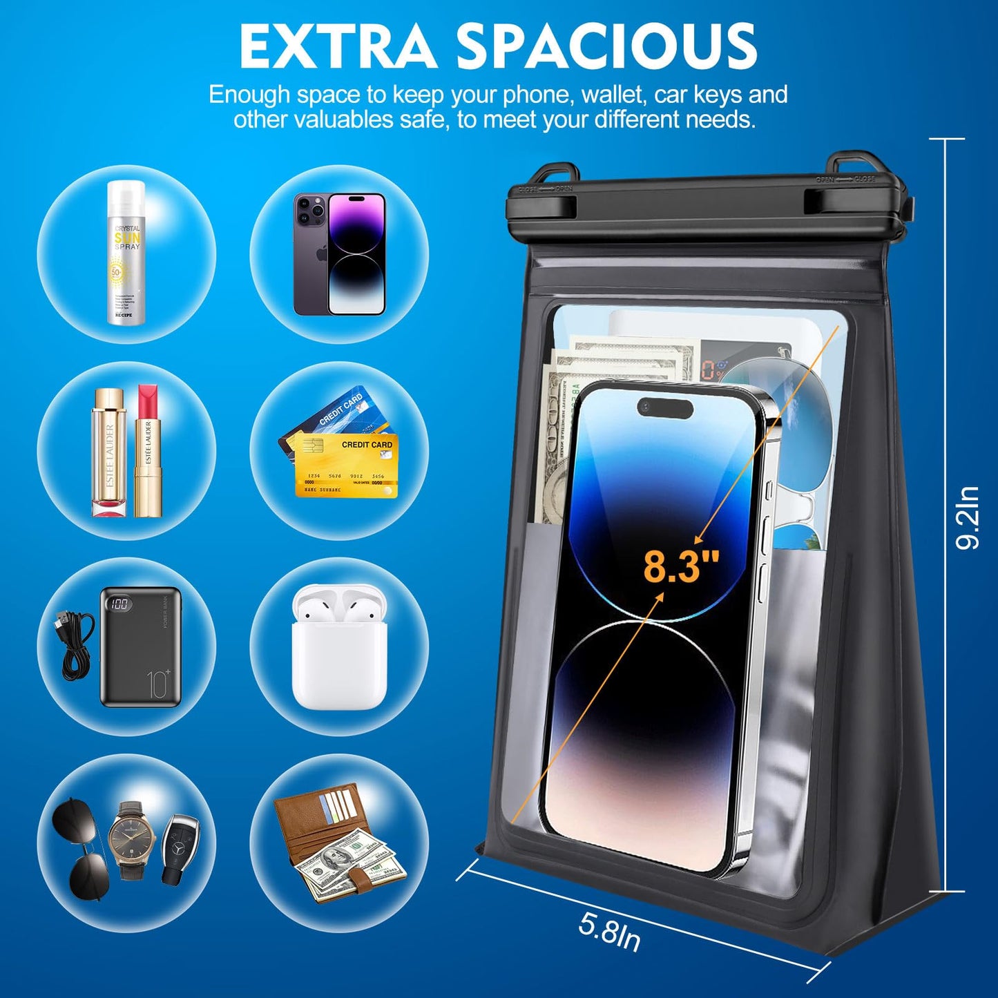 Large Floating Waterproof Phone Pouch [with Sealing Strip], Cell Phone Dry Bag for iPhone 17 16 15 14 Pro Max Galaxy S26 Ultra S25 All Devices, Waterproof Bag for Kayak Beach Vacation Essentials