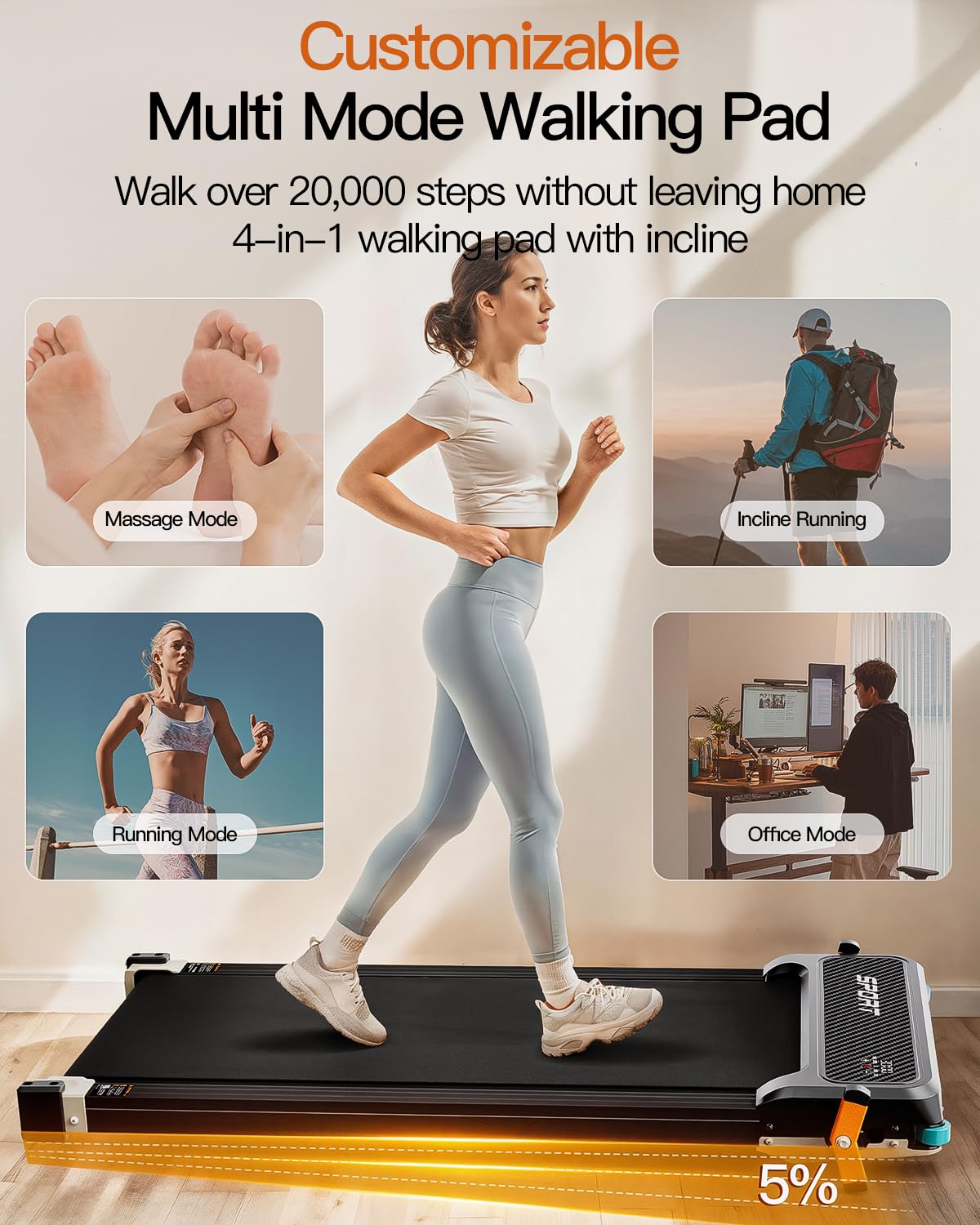 FUNRAY Versatile Walking Pad Treadmill with Incline - Dual-Sided Under Desk Treadmill with Foot Massage,2 in 1 Walking Pad for Home/Office, Portable Compact Treadmills with 330LBS Weight Capacity