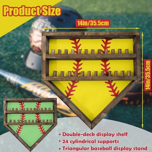 Baseball Softball Basketball Ring Holder - 24 Ring Post Wooden Display Case for Sports Medals - Wall Mount (Yellow)