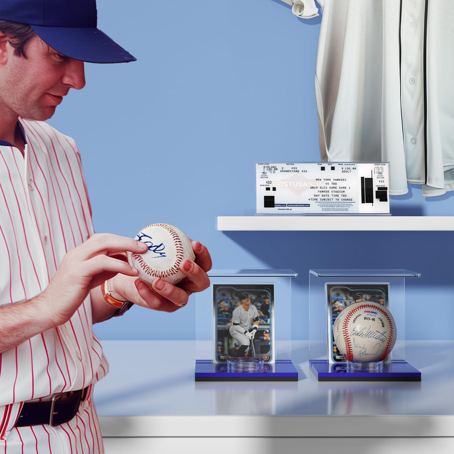 FEMELI Baseball Case Display Holder: 2PCS Acrylic Clear Ball Box with Base/Card Slot-Memorabilia Showcase Autograph Softball Protector Stand (Blue)
