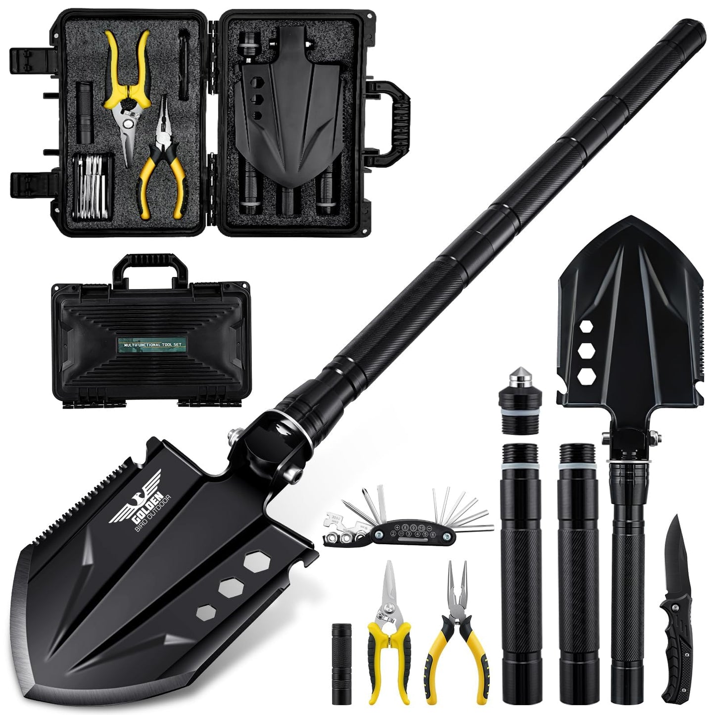Golden Bird Survival Shovel Set - Multi-Tool Folding Camping Shovel with Carrying Case for Outdoor, 30 Inch Lengthened Handle Tactical Shovels, Off-Road, Gardening, Beach, Sand & Snow, Car Emergency
