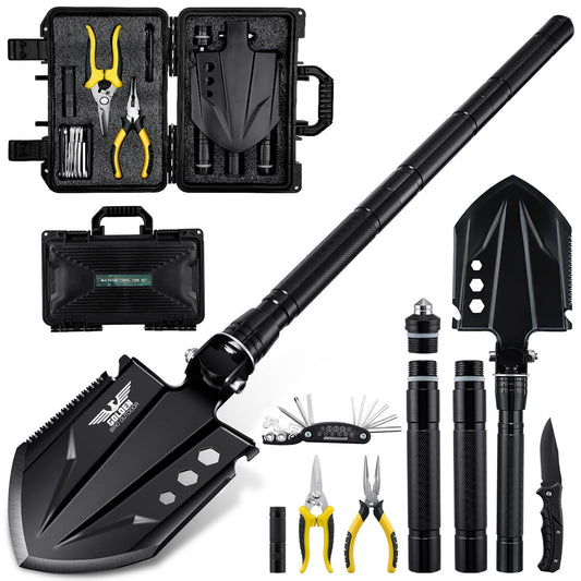 Golden Bird Survival Shovel Set - Multi-Tool Folding Camping Shovel with Carrying Case for Outdoor, 30 Inch Lengthened Handle Tactical Shovels, Off-Road, Gardening, Beach, Sand & Snow, Car Emergency