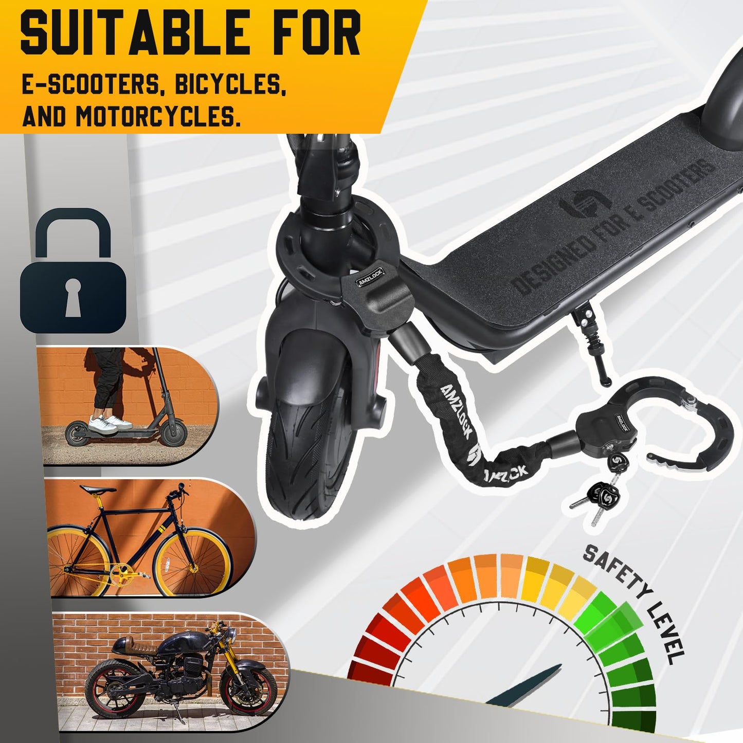 AMZLOCK Scooter Lock with Storage Bag, Electric Scooter Locks Anti Theft, Chain Lock 8 mm Thick, Bike Locks Heavy Duty, Electric Scooter Accessories for Scooter, Bike and Motorcycle