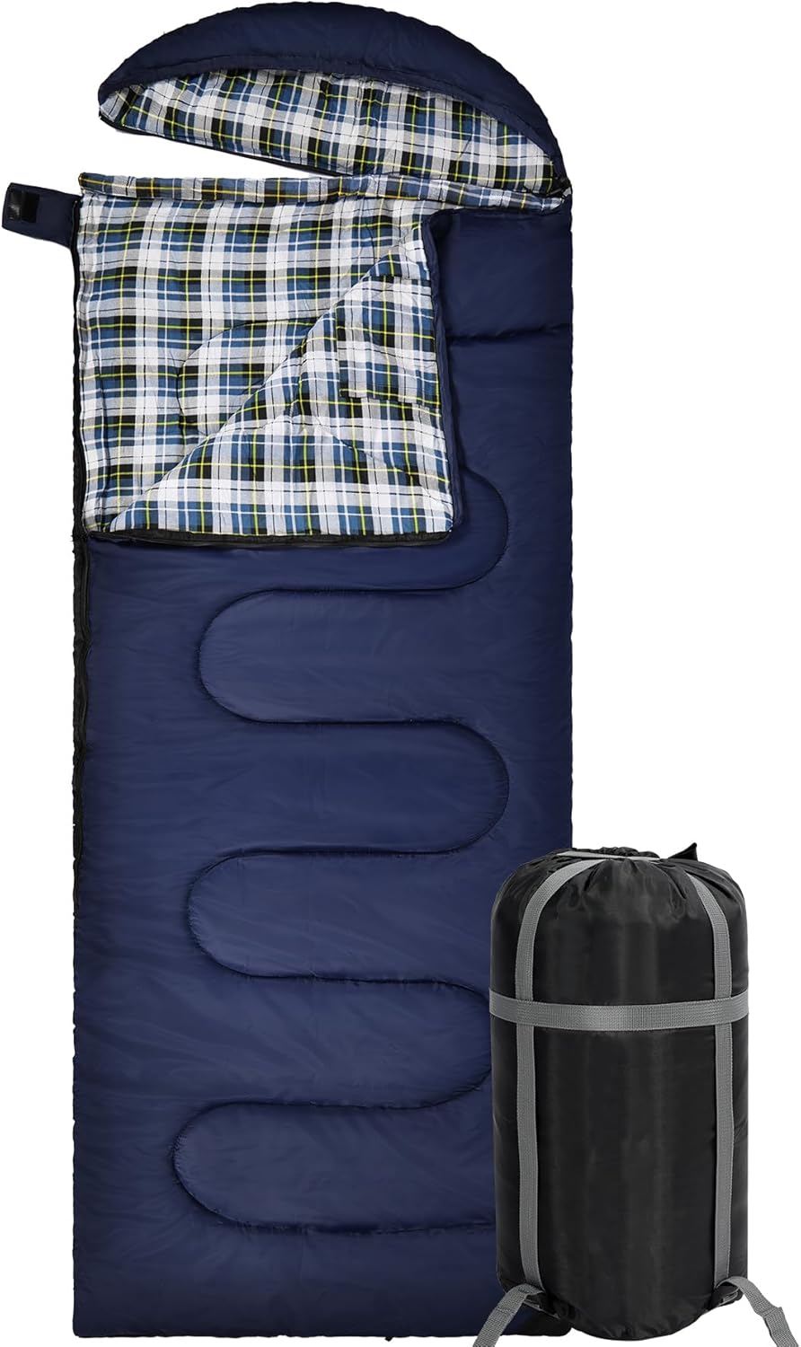 REDCAMP Flannel Sleeping Bag for Adults, Comfortable Cotton Sleeping Bags for Camping with Detachable Hood, Red/Grey/Blue