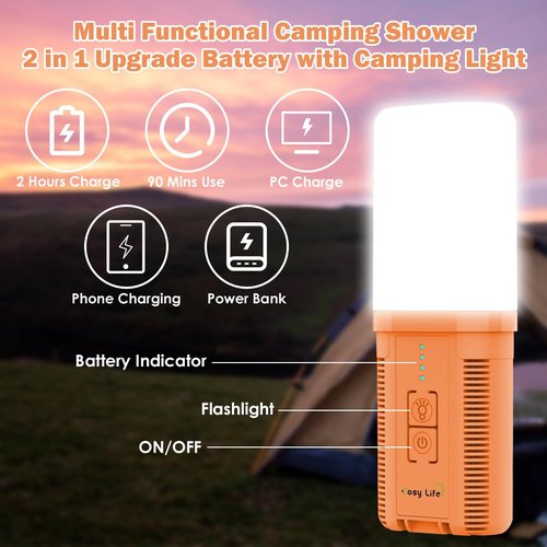 Cosy Life Portable Shower for Camping, Rechargeable Camping Shower Pump with 5 Gallons Collapsible Bucket & LED Light, Electric Outdoor Camp Shower Portable Shower Pump Camping Hiking (5.9 ft Hose)