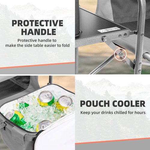 Tisetrail Director Camping Chair with Cooler Bag Camping Directors Chair with Foldable Side Tray Outdoor Folding Lawn Chair, Supports 400lbs, Black & Gray