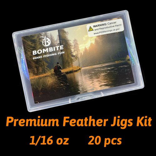 Bombite Crappie Jigs - Hand-Tied Jig Heads with Rainbow Skin Feather, Fishing Lures Kit for Bass, Walleye, Panfish, Sunfish - 1/16oz