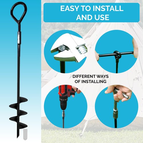 Sage Max Ground Anchors - 4X Heavy Duty Screw in Earth Stakes with 4 Hook Clips, 1 Drill Bit Piece - Fully Welded Trampoline Stakes with Wider Spiral - Shed Anchor Kit for Tent, Swings, and More