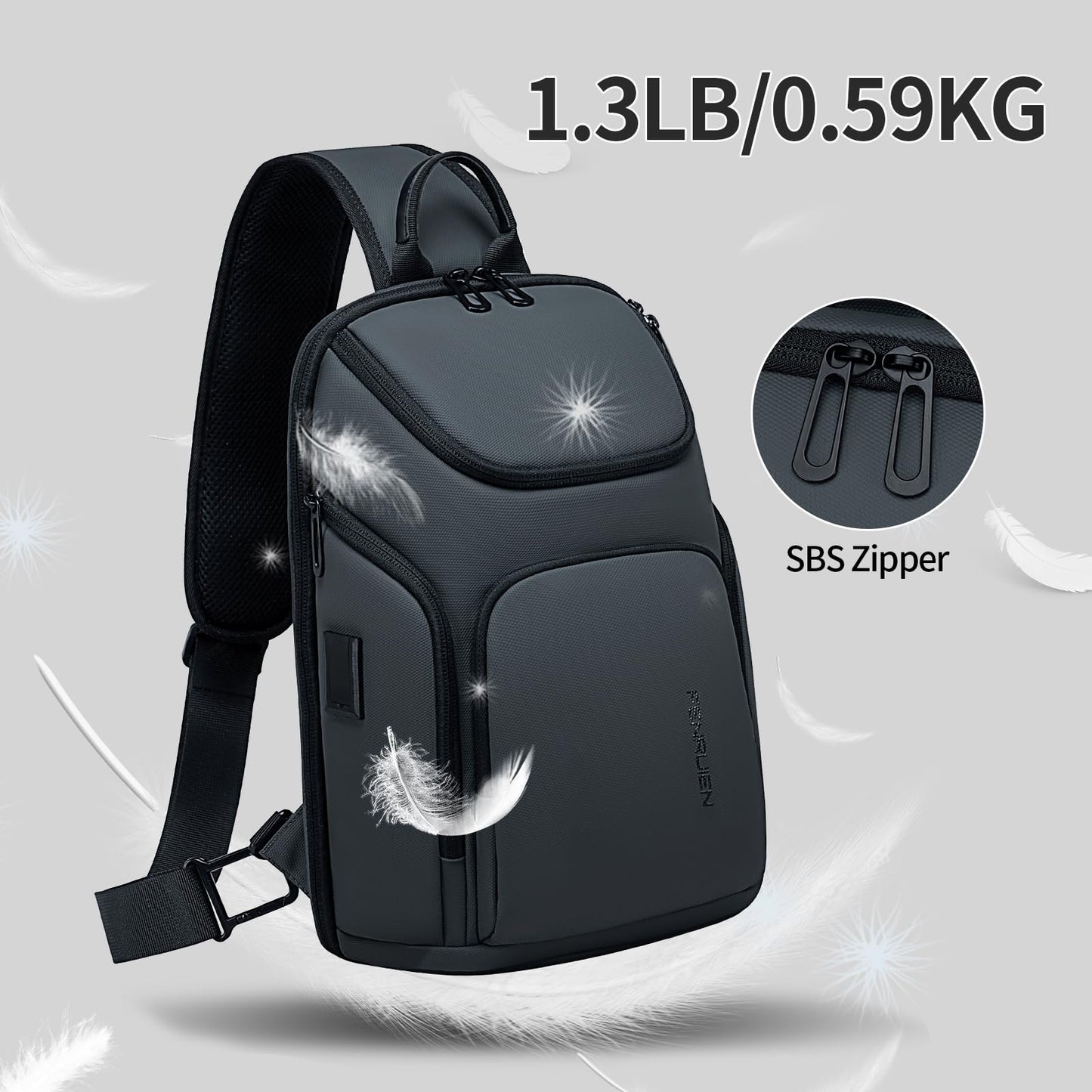 FENRUIEN Grey Sling Bag, Lightweight Crossbody Bag with USB, Sling Backpack Shoulder Chest Pack for Men Casual Rucksack for Daypack/Hiking/Travel/Sports