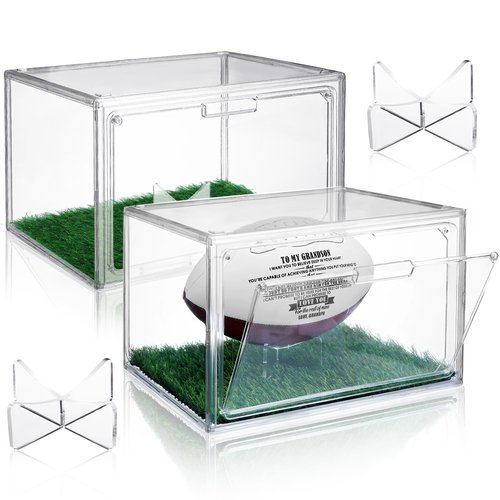 Suzile 2 Sets Acrylic Football Display Case Clear Football Storage Box with Magnetic Door Football Showcase with Artificial Grass Pad and Removable Display Stand Football Holder for Sport Lover