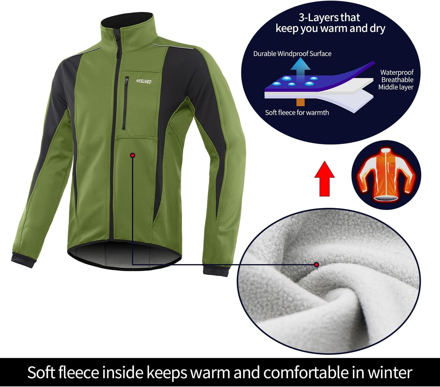 Windproof Waterproof Thermal Cycling Jacket for Winter | ARSUXEO 15K Softshell