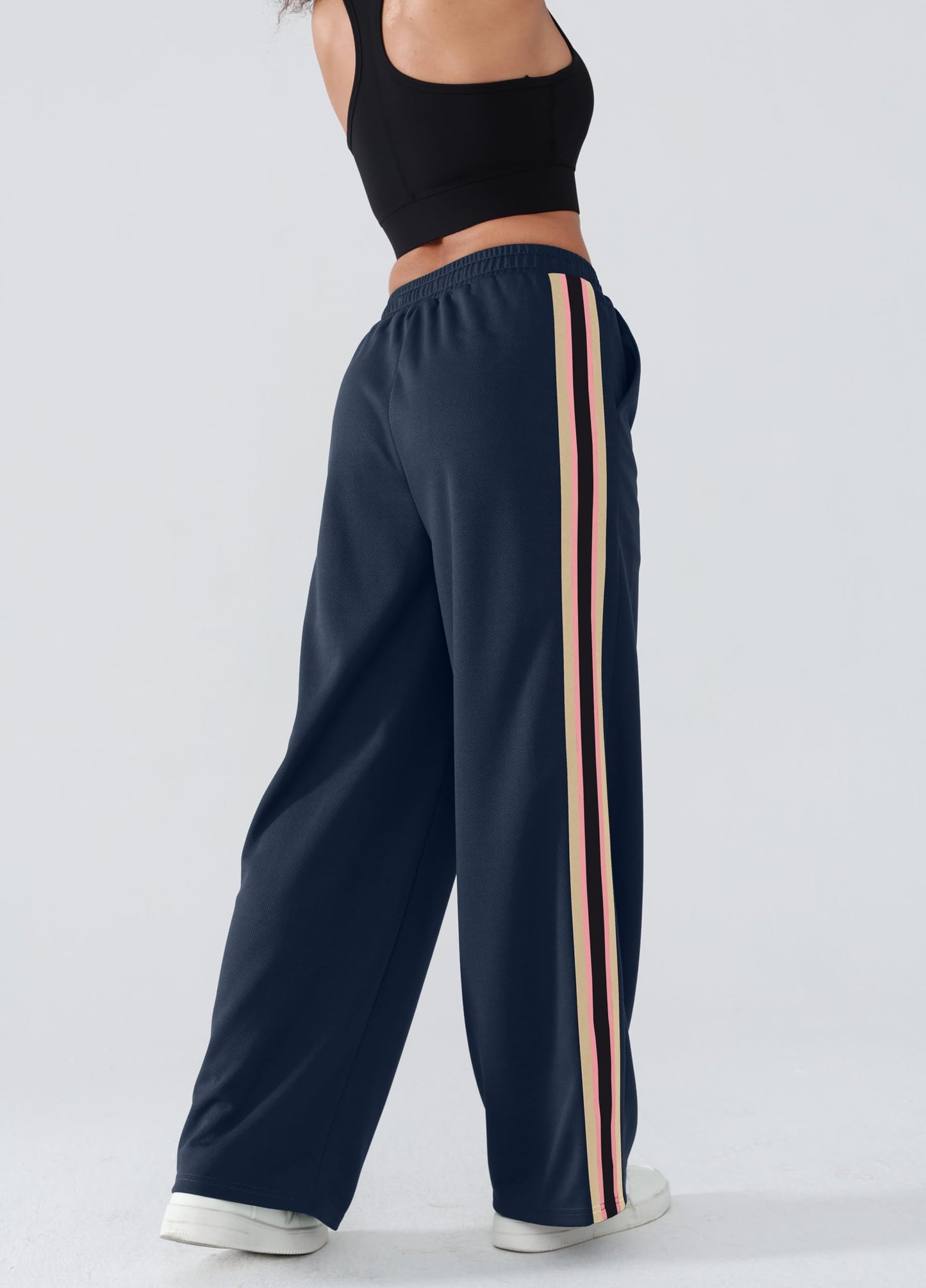 YIPINK Women's Wide-Leg Track Pants with Pockets - High Waist Athletic Pants Navy