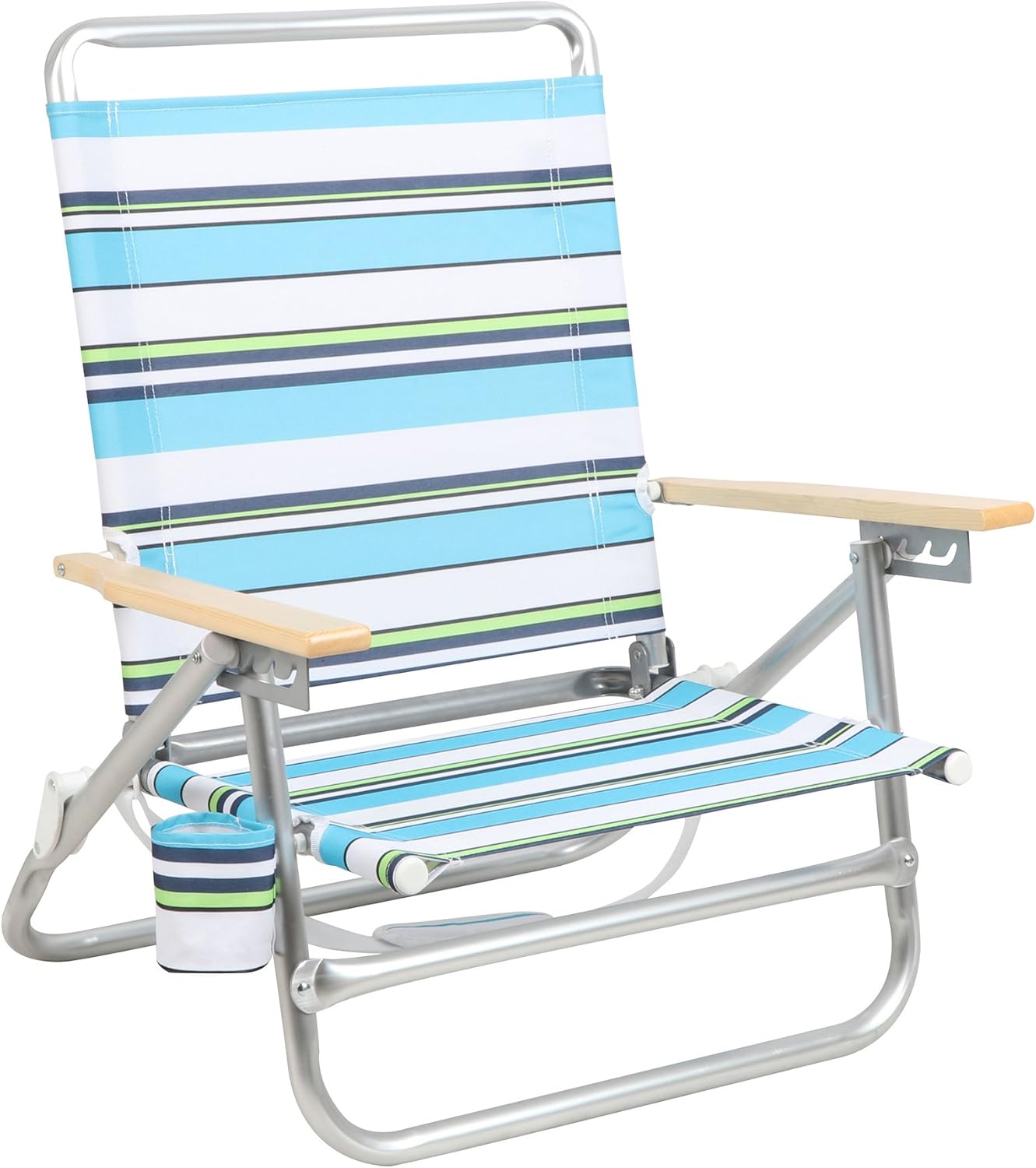PORTAL Folding Camping Sand Beach Chair, Aluminum Lightweight 4 Positions Chair Recliner with Wood Armrest Cup Holder Carry Strap
