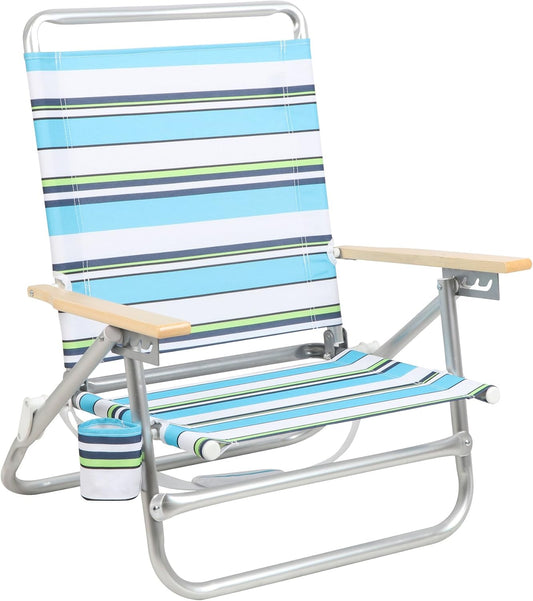 PORTAL Folding Camping Sand Beach Chair, Aluminum Lightweight 4 Positions Chair Recliner with Wood Armrest Cup Holder Carry Strap