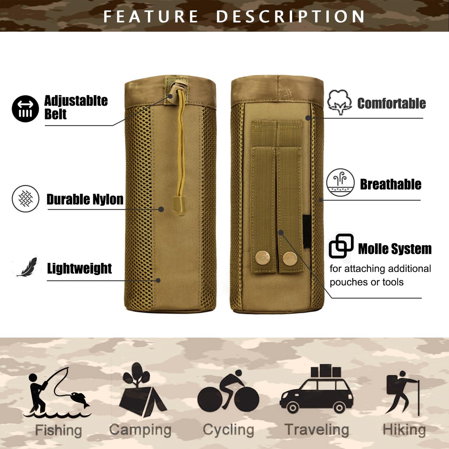 GGYCOB Water Bottle Holder Tactical Pack Molle System Travel Bag Hydration Carrier with Drawstring Open Top Nylon Waterproof (Wolf Brown)