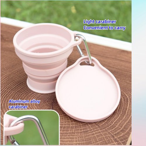 ZPCTECHGO Reusable Foldable Silicone Water Cup, Portable Picnic Snacks Cup, Pocket Size Travel Cup Extensible, Collapsible Cups with Lid for Camping, Travel (Pink with Hook)