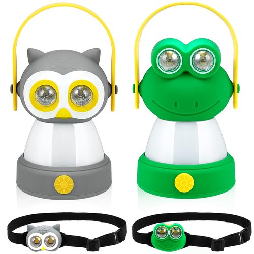 VIHOSE 2 Set Animal LED Camping Lantern and Headlamp 4 Pcs Animal Themed Camping Equipment Room Nightlight Battery Powered Night Light for Emergency, Hurricane, Lightweight Tent Lamp(Frog, Owl)