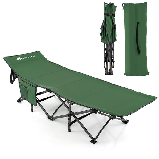 Goplus Folding Camping Cot, 27.5" Sleeping Cot for Adults with Carry Bag, 600LBS Weight Capacity, Slanted Head, Side Pocket, Heavy Duty Portable Camping Bed for Kids, Beach, Office Snap (Green)