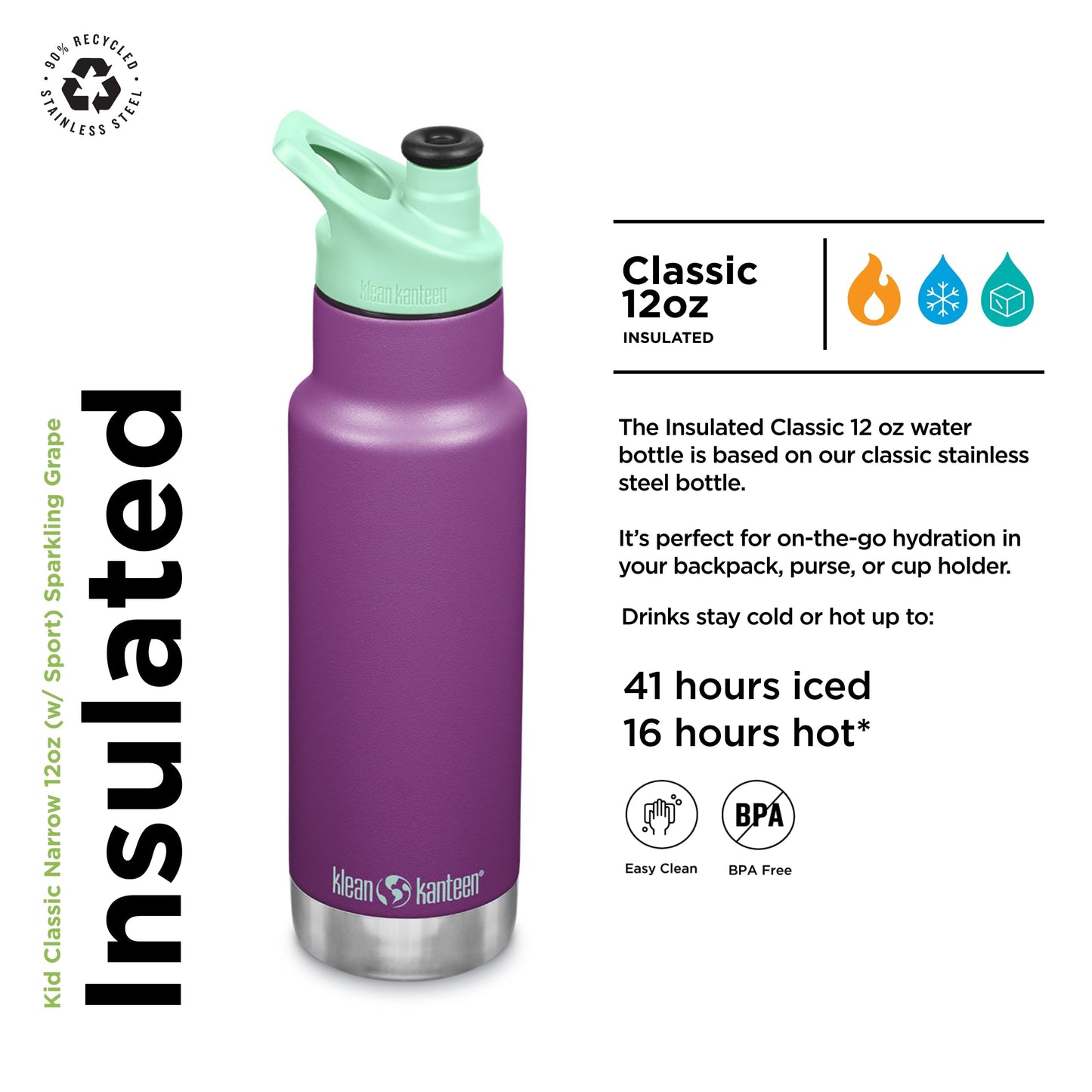 KLEAN KANTEEN Sparkling Grape Sport Cap with Classic Kids Bottle 12oz, 1 EA