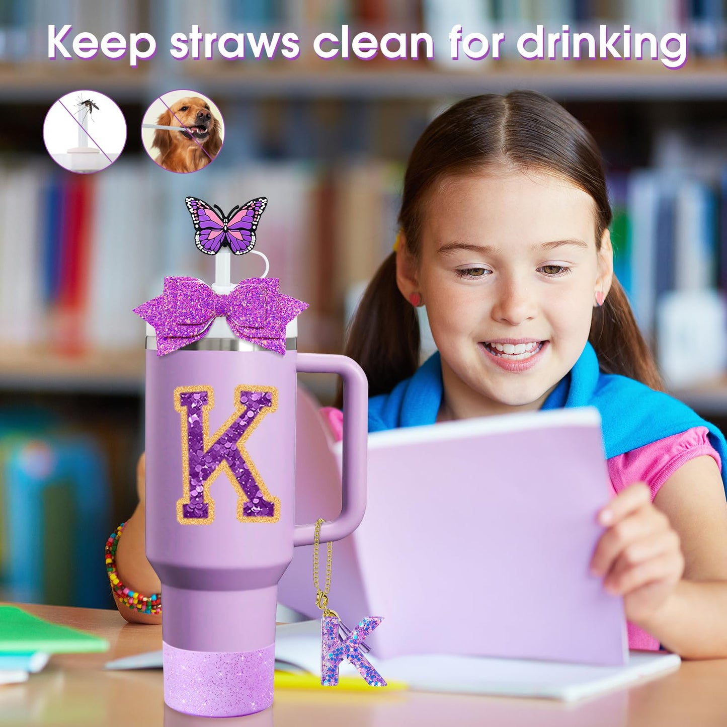 7Pcs Purple Stanley Cup Accessories Set for Stanley Cup 30&40 Oz Tumbler - Silicone Straw Cover Cap and Boot, Letter Charm for Handle, Spill Proof Stopper, Bow straw Decoration, Initial Sticker(K)