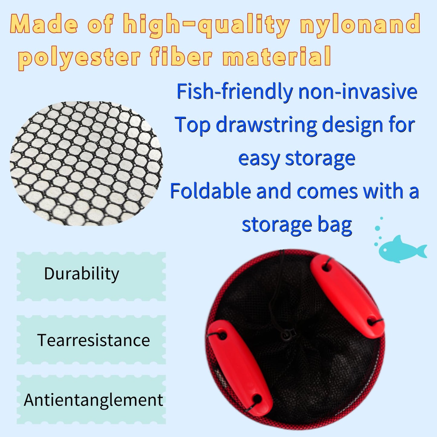 2Pcs Foldable Floating Fish Basket Fishing Basket Live Caught Fish for Kayak Fishing Accessories with Storage Bag Rubber Coated Netting and Nylon Netting Satisfy All Your Needs with Two Sizes