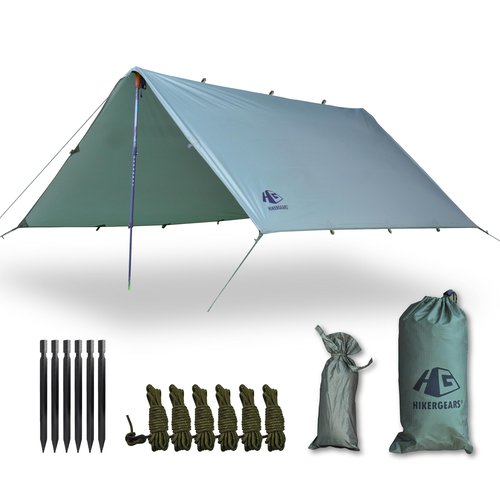 HIKERGEARS Camping Tarp 10x10 ft (3x3 m) Waterproof Lightweight Rain Fly - Backpacking, Hammock Shelter, Emergency Survival Tent, Durable, Compact All-Weather Cover