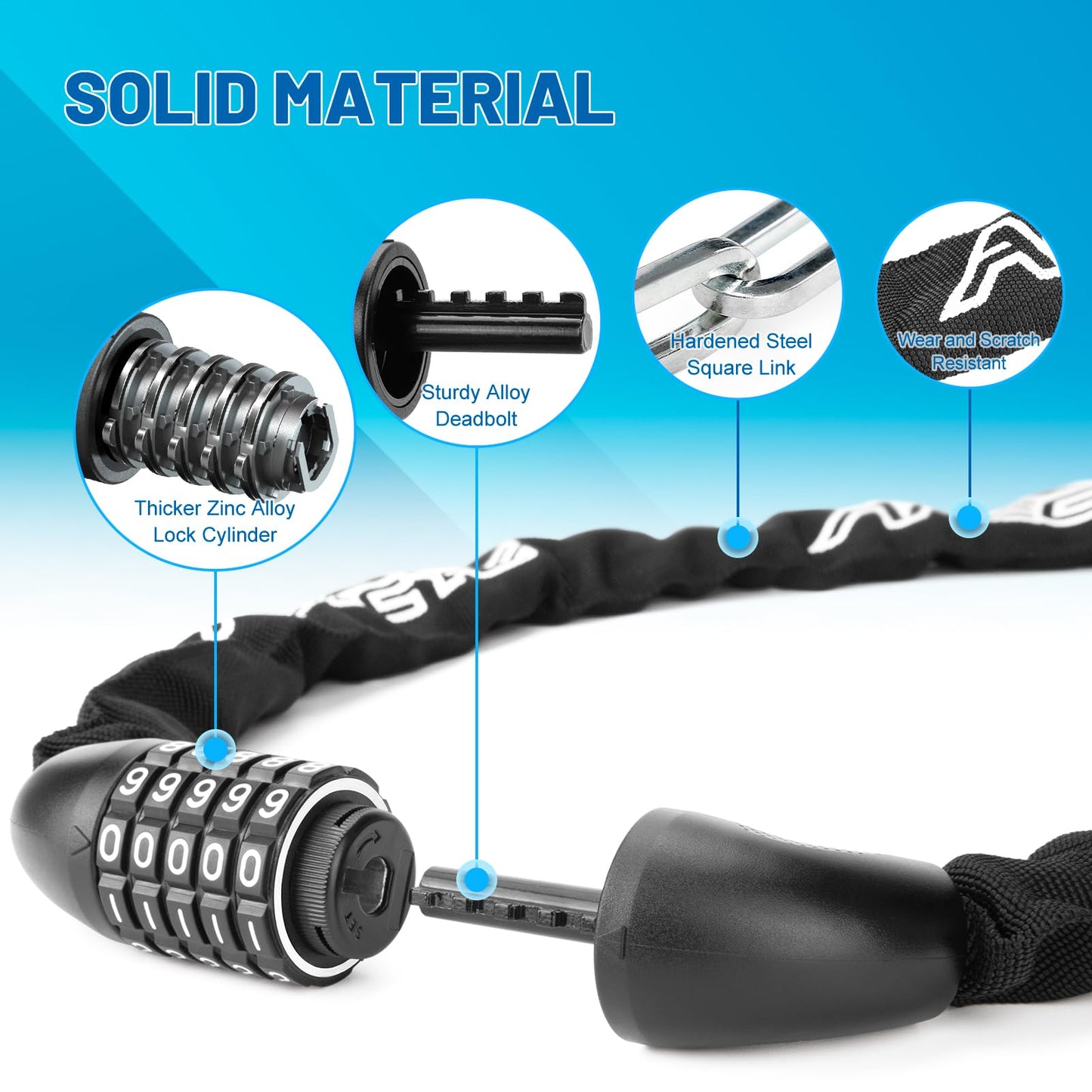 APECYC Bike Locks Heavy Duty Anti Theft, 5 Digit Combination Bike Chain Lock, 4FT Security Bicycle Lock Hardened Steel Square Chains for Bicycle, E-Bike, Motorcycle, Scooter, Gate