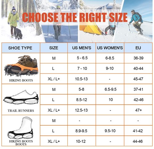 Crampons, Ice Cleats for Shoes and Boots, Traction Snow Grips, Anti Slip 19 Stainless Steel Spikes Safe Protect for Women Men Kids Hiking Climbing (Orange, XL)