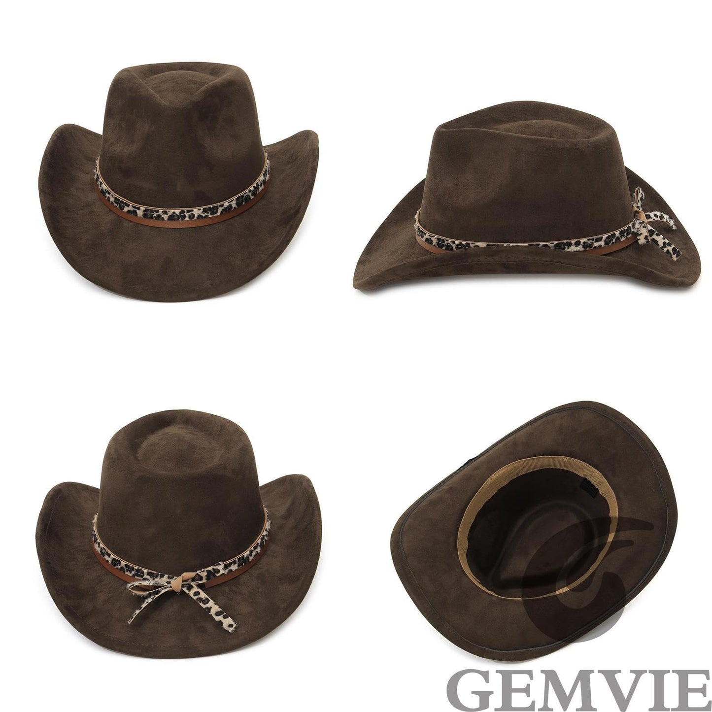 GEMVIE Suede Cowboy Hat for Men Women Roll up Brim Cowgirl Hat Classic Country Fedora Hat/Leopard Print-2