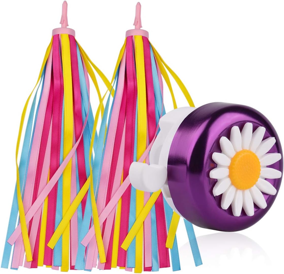 U-LIAN Kids Streamers and Bike Bell for Girls-1 Pack Flower Bicycle Bell with 2 Pack Handlebar Streamers Scooter Tassels for Children's Bike Accessories