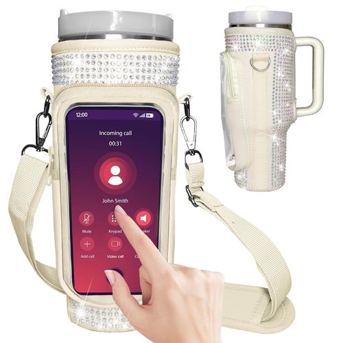 mpmpssss Bling Water Bottle Carrier Bag with Touchscreen Phone Pocket for Stanley 40oz Tumbler with Handle Neoprene Water Bottle Holder Pouch with Adjustable Strap for Stanley Cup Accessories.