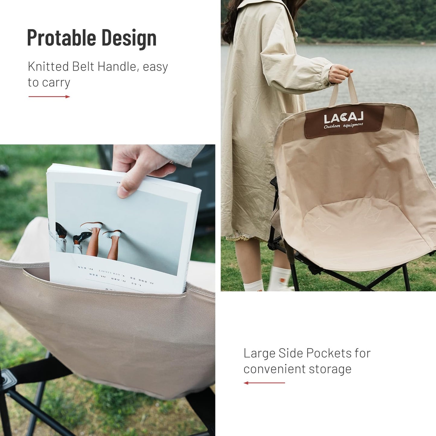 G2 GO2GETHER Portable Camping Chair, Outdoor Folding Chair, Oxford Cloth Backpacking Chair with Aluminum Frame,264lbs Support,No Installation Required(Khaki Cotton Padded,2 Pack)