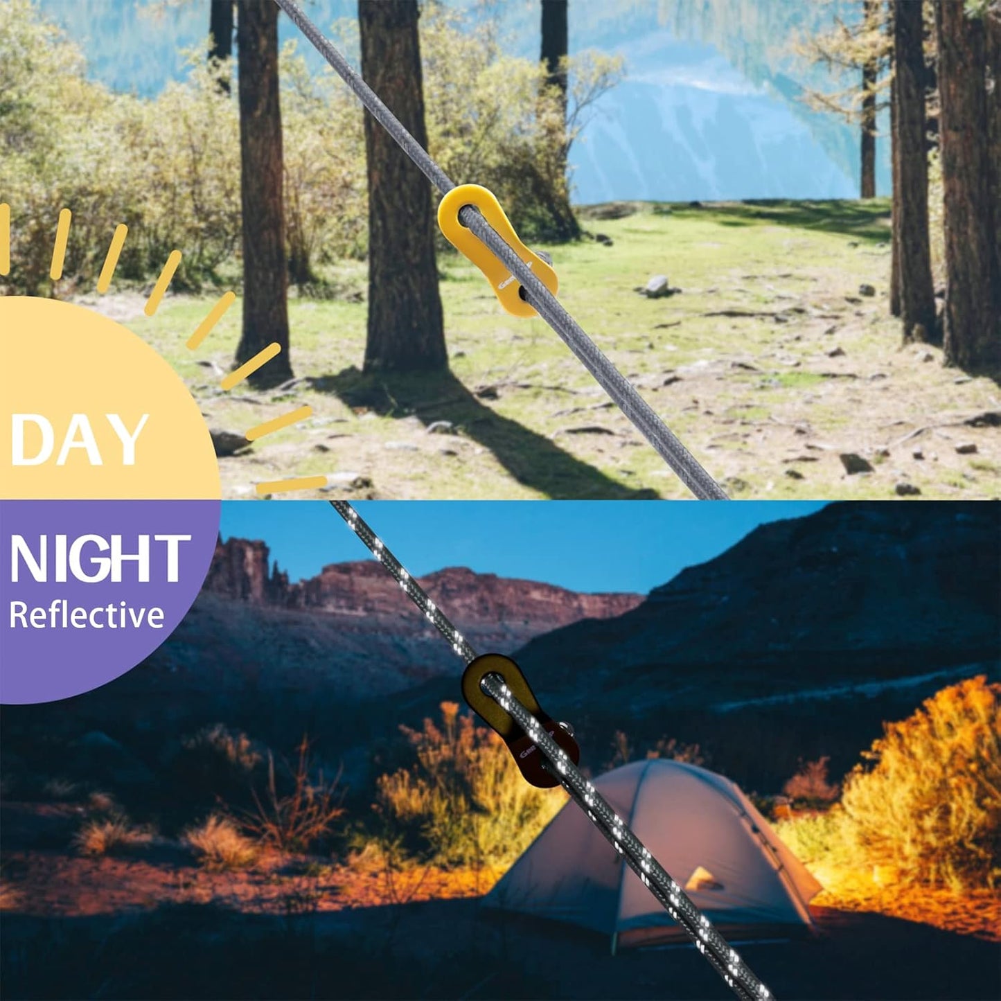 GEERTOP 6 Pack Reflective Guy Lines 4 mm Tent Cords Ultralight Camp Ropes with Aluminum Adjuster Tensioner for Tent, Tent Tarp, Canopy Shelter, Outdoor Camping Hiking Backpacking Travel