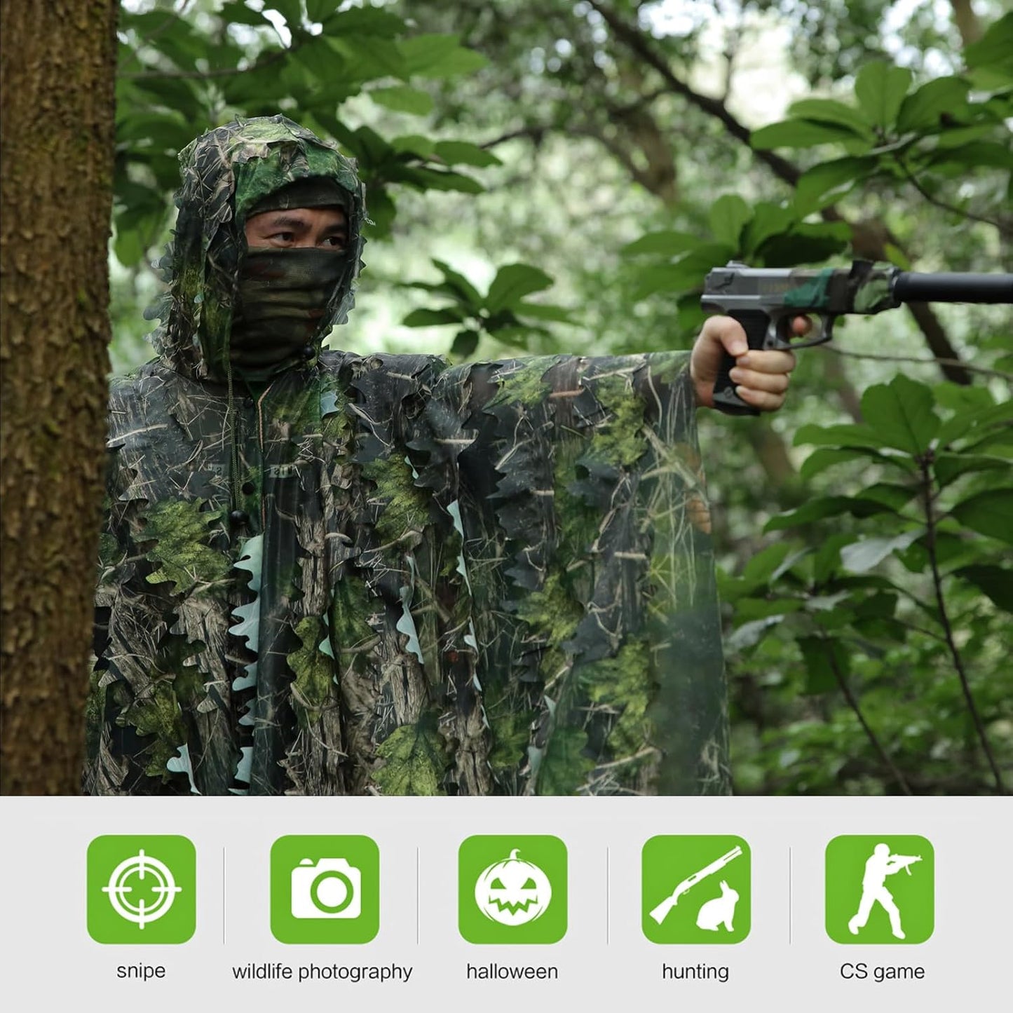 Zicac Outdoor Ghillie Suit 3d Leafy Camo Poncho for Men Hunting Bird Watch Military CS Woodland Hoodie Camouflage Cloak