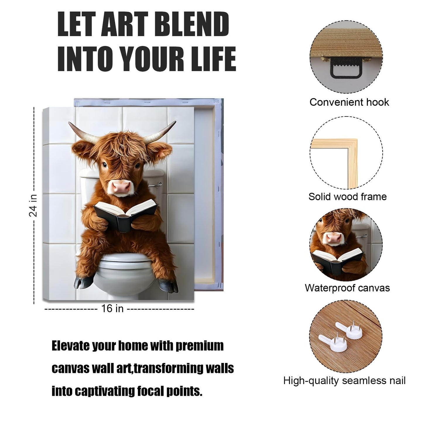 JBZDD Highland Cow Bathroom Canvas Wall Art Set of 3, Funny Cute Rustic Farmhouse Cow Prints for Bathroom Restroom Home Decor 24x16 Inch Framed