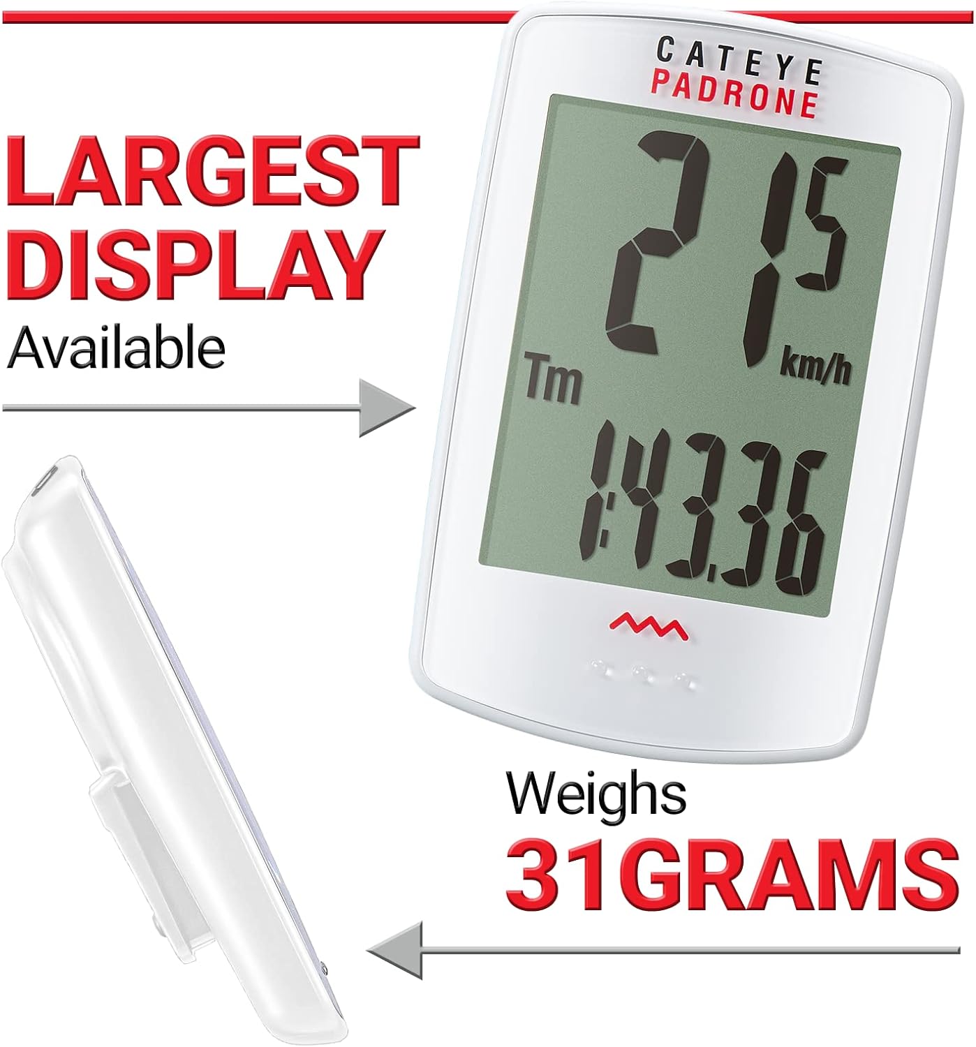 CATEYE Padrone Wireless Bike Computer – Oversized Display Cyclocomputer, Wireless Speedometer & Odometer, FlexTight™ Mount, Auto Start/Stop, Programmable Odometer