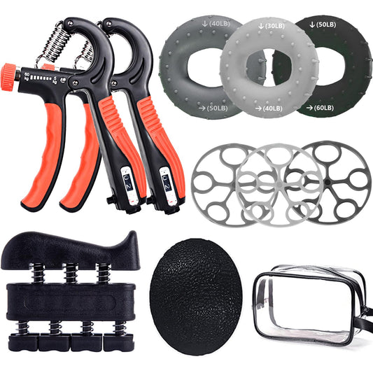 Hand Grip Strengthener 10 Pack, Grip strength trainer, Hand gripper strengthener, Finger Stretcher, Resistance Extensor Bands, Finger Exerciser & Stress Relief Ball for Athletes & Musicians