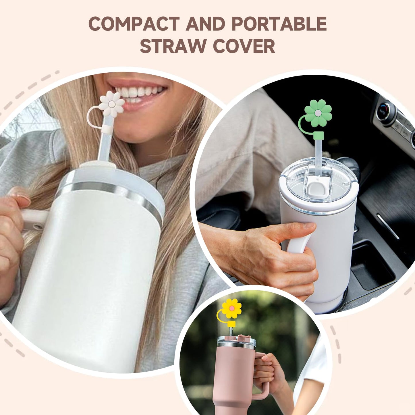 5 Pcs Silicone Flower Straw Covers Cap ，Cute Toppers Compatible with Stanley Cup 20 30 40 Oz，Dust-Proof Protector Plugs，Reusable Drinking Tips Lids，Water Bottle Accessories for Traveling