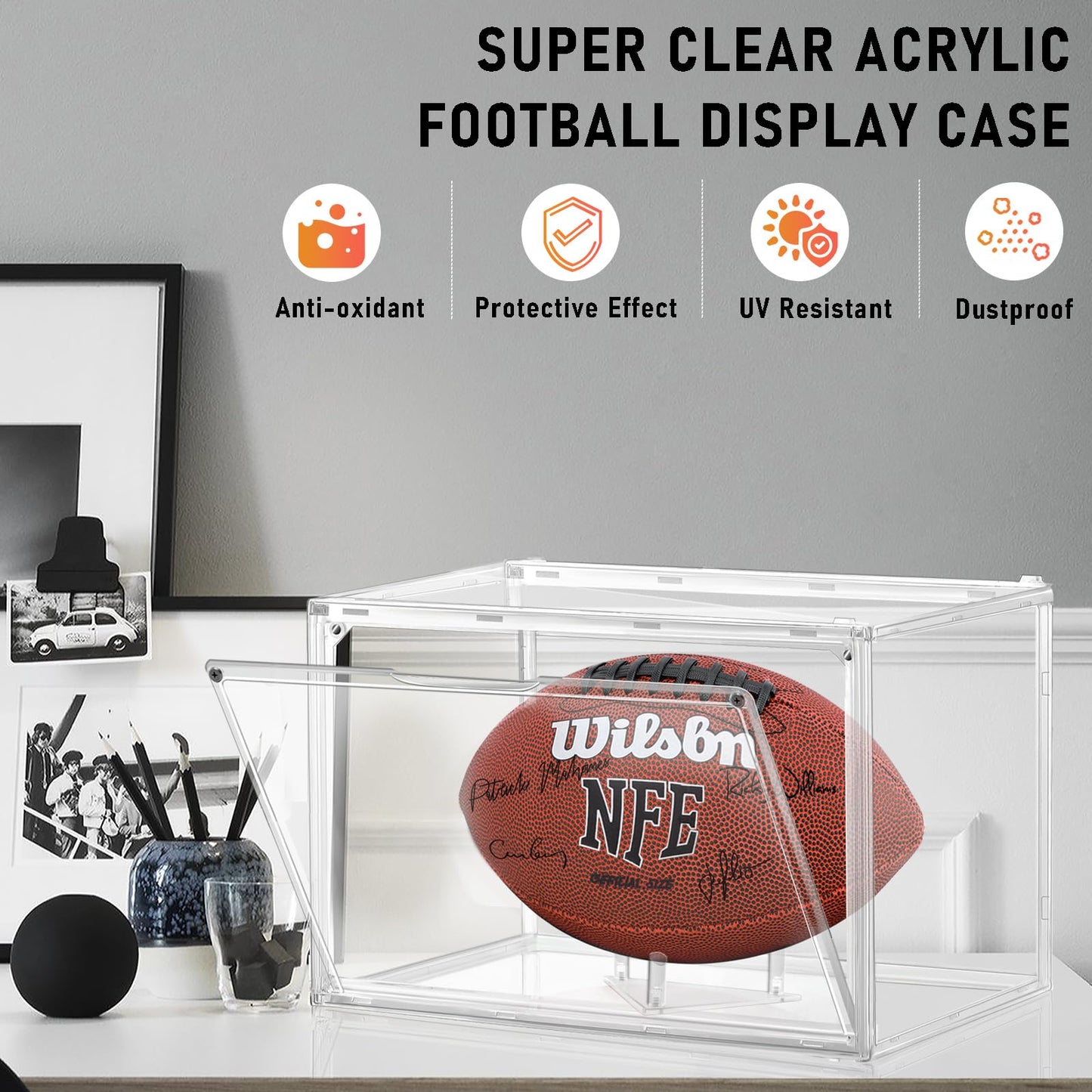Football Display Case, KKU Acrylic Clear Football Case Full Size with Magnetic Door, Professional Memorabilia Football Display Boxes Football Holder Dust and UV Protection