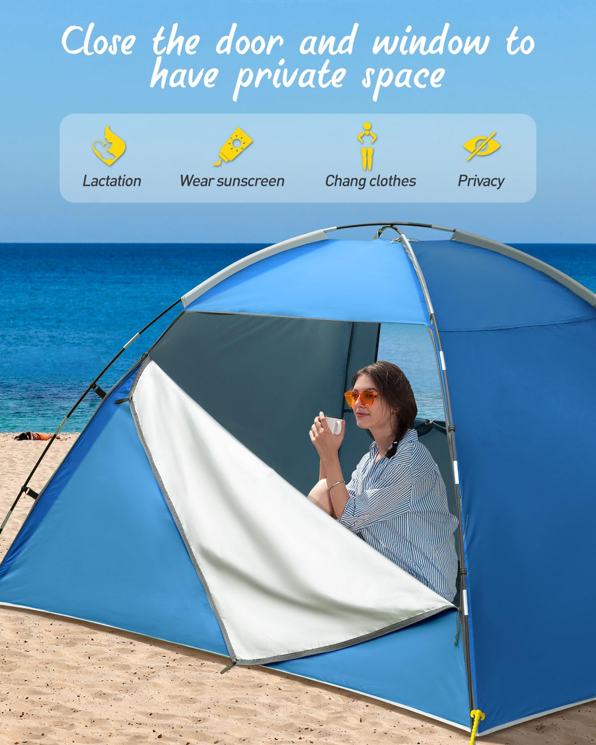 Beach Tent for 2-4 Persons, Beach Tent Sun Shelter UPF50+ UV Protection, Sun Shade Witch Huge Breathable Mesh Window, Easy Set up, for Beach, Camping, Fishing