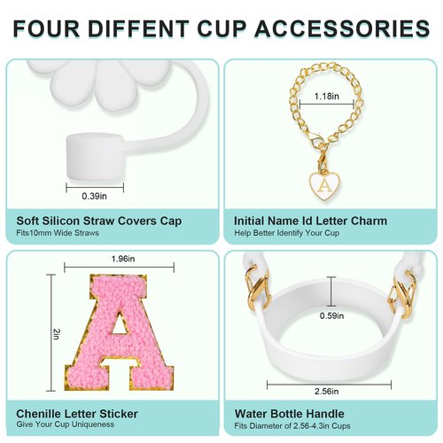 Stanley Cup Accessories Set for 40oz & 30oz Tumblers – Handle Strap, Silicone Straw Covers, Chenille Letter Patches & Letter Charms – Personalize, Protect & Identify Your Stanley Tumbler (Style A)