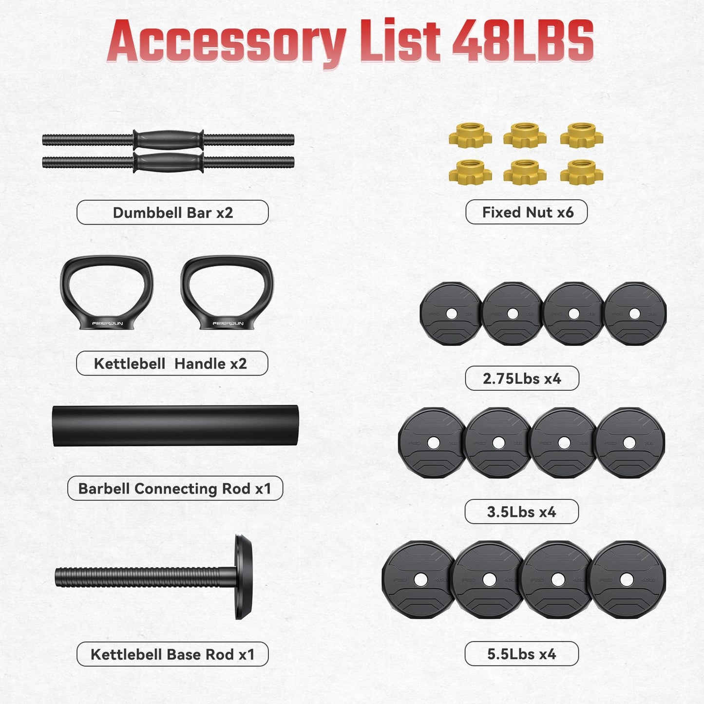 FEIERDUN Adjustable Dumbbells, 48lbs Free Weight Set with 4 Modes, Used as Barbell, Kettlebells, Push up Stand, Fitness Exercises for Home Gym Suitable Men/Women