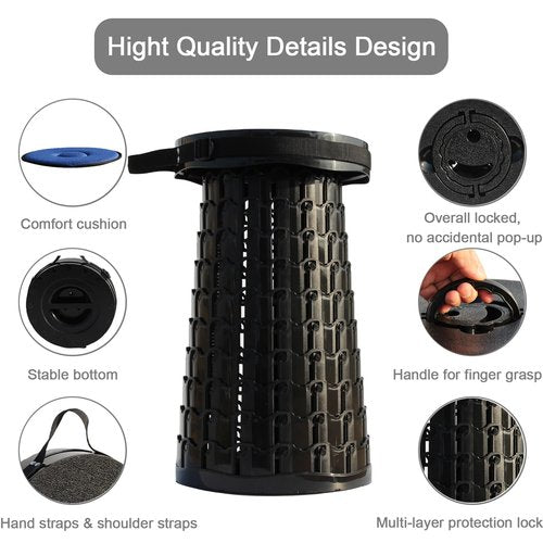 Upgraded XXL Collapsible Stool with Cushion,19.7"H-11.8"D Telescoping Folding Stool for Adults,More Sturdy Portable Camping Stools with Load Capacity 1000lbs for Outdoor,Garden,Fishing,Hiking