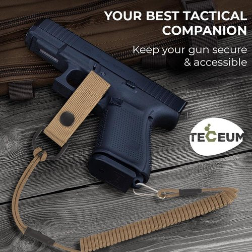 TECEUM Tactical Pistol Lanyard – Coyote – Equipment Accessories for Military, Police, Security & Personal Use – Spring Safety Strap with D-Ring Keeper – Anti-Lost Elastic Coil for Belt or MOLLE
