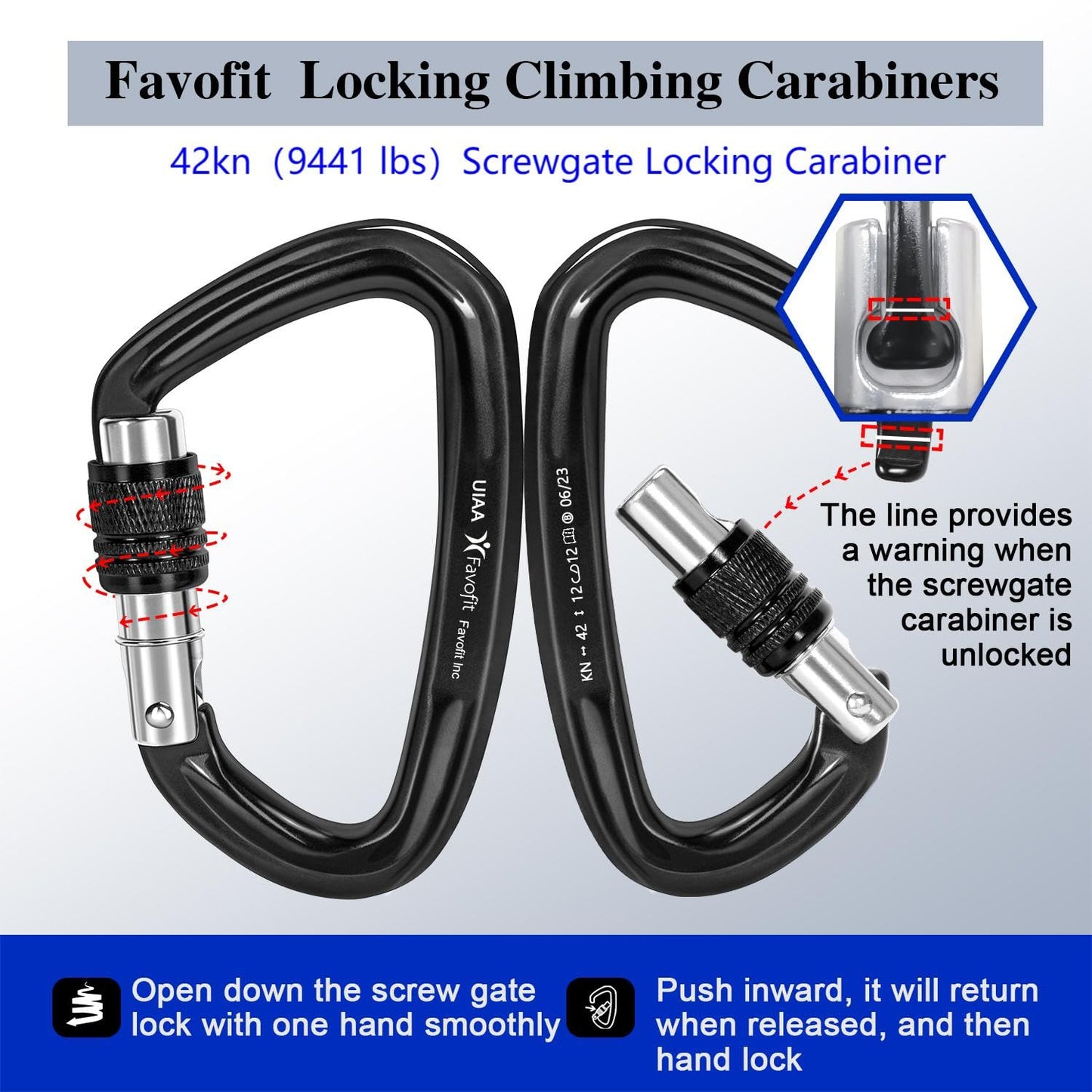 Favofit Locking Climbing Carabiner Heavy Duty UIAA Certified 42kn (9441 lbs) and 25kn (5620 lbs) Safety Caribeaner Clips - Large Rock Mountain Caribiniers for Rescue Firefighter